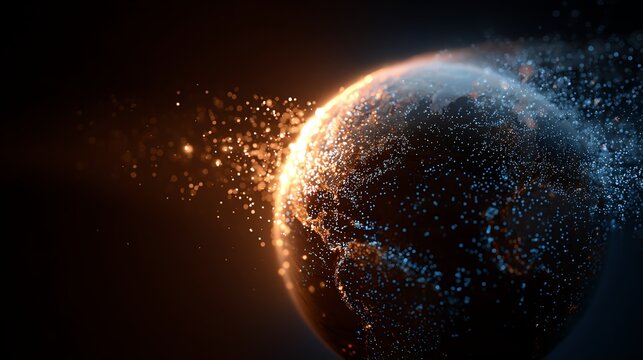 stylized glowing Earth transforming into binary code particles, concept of digital transformation - Powered by Adobe