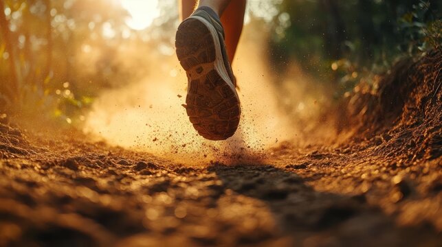 Close-up of a runner's shoe kicking up dirt on a sunlit forest trail during golden hour evoking energy and motion