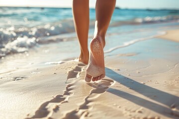 Closeup of woman feet walking on sand beach