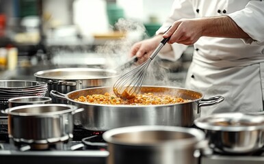 Chef stirring steaming chickpea stew in large stainless steel pan in professional kitchen with multiple pots on stove