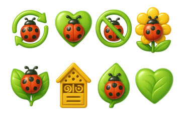 Naklejka premium 3d ladybug icon set – nature, leaf, flower, love, recycle, protect, home. 3D icon set