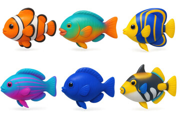 Naklejka premium Colorful reef fish icons set – clownfish, parrotfish, angelfish, surgeonfish, bluefish. 3D icon set