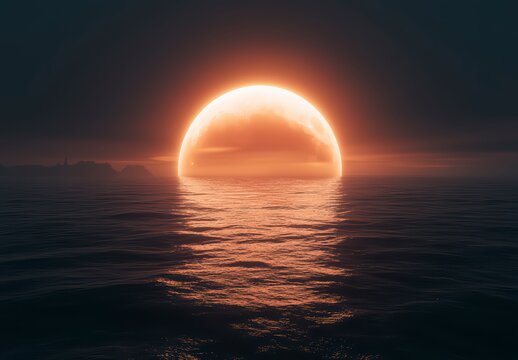 Large orange moon is reflected in the water. The sky is dark and the water is calm