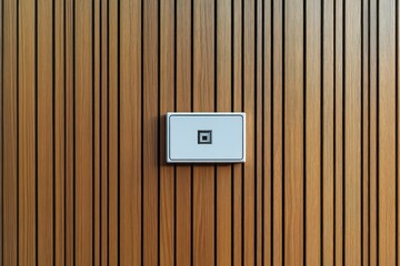 Minimalist white light switch mounted on a vertically paneled wooden wall with warm tones and natural textures