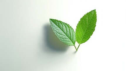 Obraz premium Two fresh green mint leaves with prominent veins casting soft shadow on white surface