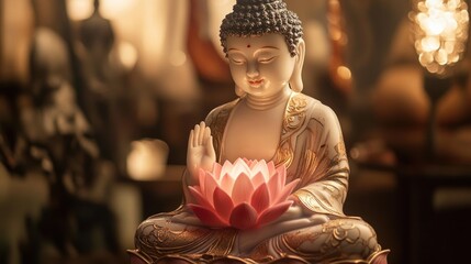 Elegant buddha figure radiating inner light and serene reflection