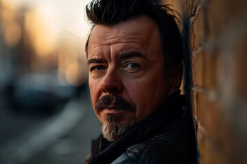 Portrait of a handsome middle-aged man with a beard and mustache on the background of a brick wall