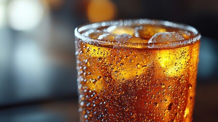 Close-up of iced brown beverage in glass