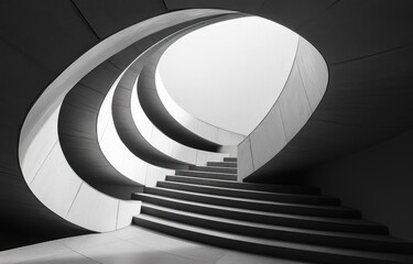 Curved modern architectural spiral staircase with smooth flowing lines illuminated by natural light through a large circular opening above