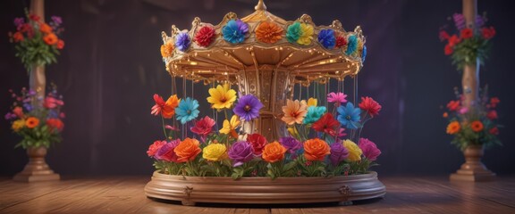 Fototapeta premium Vibrant floral carousel, wooden base Spinning blooms in rainbow hues , rainbow flowers, wooden, decoration