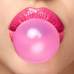 Close-up of female lips blowing pink bubble gum
