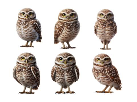 Six watchful little owls isolated