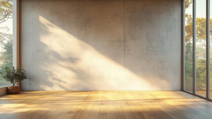 Empty modern room with wooden floor, concrete wall and large glass windows allowing warm sunlight and tree shadows inside