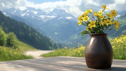 Yellow flowers in vase, mountain view