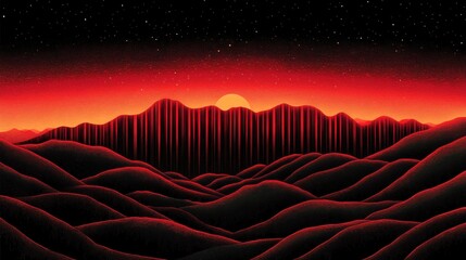 Retro pixelated mountains under fiery sky at twilight evoking 80s nostalgia and the allure of low resolution landscapes and virtual horizons
