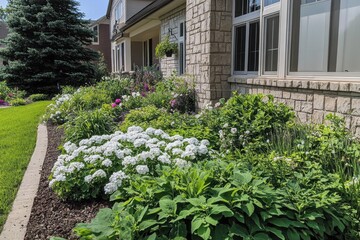Lush garden landscape showcasing vibrant flowers and green foliage in a sunny residential area during the warm summer months