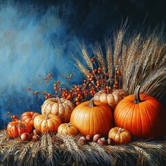 Autumn harvest arrangement with orange pumpkins, wheat stalks, orange berries and nuts against a textured blue background evoking warmth and abundance