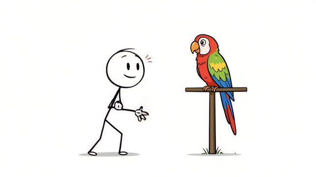 Cartoon stick figure person interacting with a colorful parrot