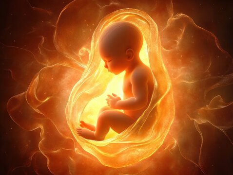 Glowing fetus curled inside warm transparent amniotic sac surrounded by ethereal golden-orange light and soft flowing shapes
