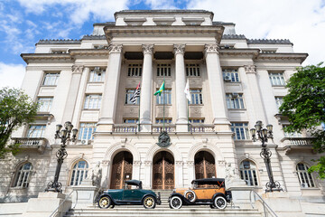 The José Bonifácio Palace is a historic building, headquarters of the City Hall of the city of Santos, state of São Paulo, Brazil. With the Brazilian coat of arms on the facade.