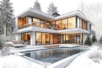 Modern winter home design with pool and snowy landscape.