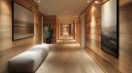 Sophisticated corridor with natural wood panels high resolution picture