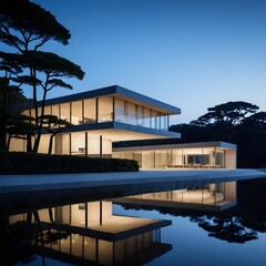 Fototapeta premium Modern House Reflection in Evening Water