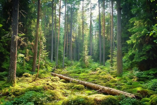 Sunlight filtering through tall pine trees in a dense green forest with moss and fallen logs covering the forest floor, evoking calm and peaceful nature vibes