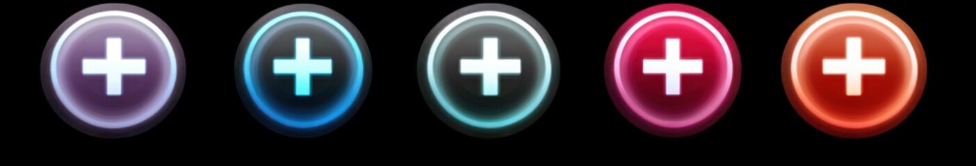 Obraz premium Row of five glowing circular buttons with white plus signs in the center in varying neon colors against a black background, emitting a futuristic vibe