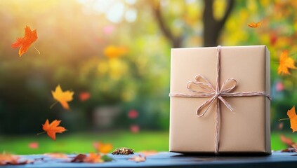 Autumn gift box, falling leaves