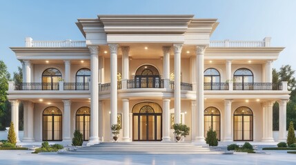 Architectural rendering of a grand, cream-colored estate.