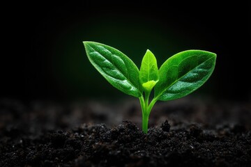 Naklejka premium Emerging plant sprout in rich dark soil.