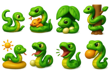 Obraz premium 3d y2k snake icons set – playful, green, cartoon, nature, leaf, egg, sun, cute, tree, tongue. 3D icon set