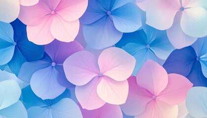 Obraz premium パステルカラーの紫陽花の柔らかで優しいタッチの手描きイラスト梅雨用背景イメージ