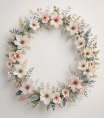 Delicate watercolor floral wreath; soft petal patterns, white background , elegant, wreath, flowers