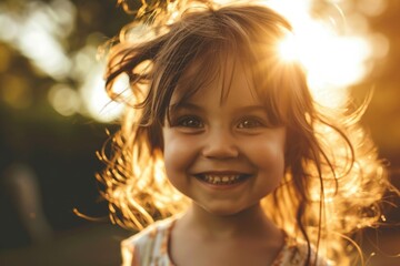 Portrait of a smiling little girl in the park at sunset.