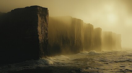 Dramatic coastal cliffs shrouded in a golden mist.  Waves crash against the imposing rock formations