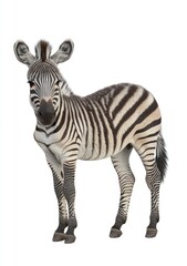 Young zebra stands alert against white background, displaying distinctive black and white stripes.  Body posture is upright and natural