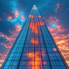 Skyscraper against dramatic sunset sky.  Glass facade reflecting vibrant colors