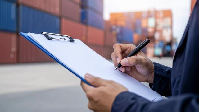 Close-up of hands checking inventory on a clipboard with shipping containers in background, export business, international trade 