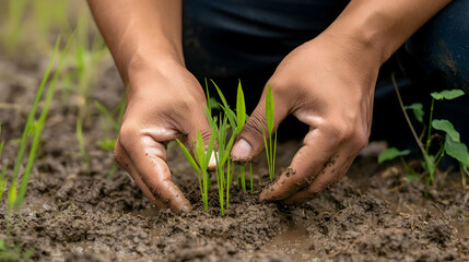 Hands Planting Seedlings in Agricultural Field