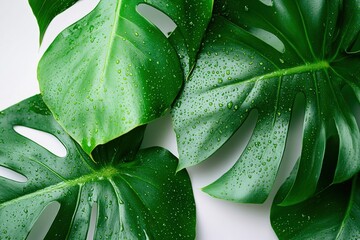 Fototapeta premium Tropical monstera leaf with water drops creating fresh natural botanical background for wellness spa organic beauty decor