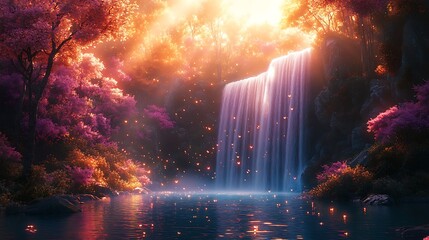 Stunning pink forest with serene waterfalls high resolution photo