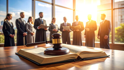 Courtroom action with gavel legal proceedings business office bright environment professional view