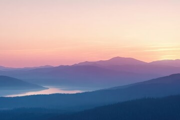 Obraz premium Calm layered mountain landscape at sunset with soft pastel pink and purple sky over a river or lake surrounded by dense forested hills