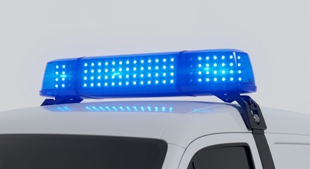 Bright Flashing Blue Emergency Light on Generic Vehicle Isolated on White Background