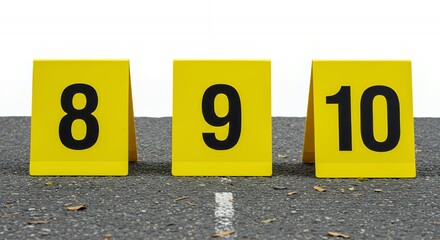 Bright Yellow Numbered Tent Cards with Bold Black Digits on White Background Representing Crime Scene Evidence