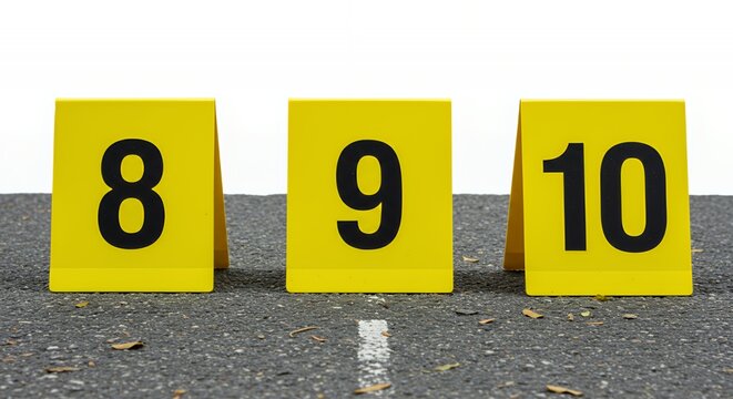 Bright Yellow Numbered Tent Cards with Bold Black Digits on White Background Representing Crime Scene Evidence