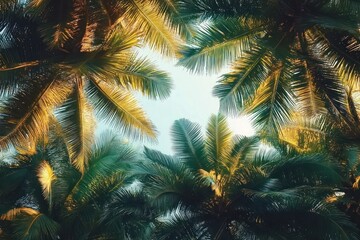 Sunlight filtering through lush green palm tree leaves creating a warm tropical atmosphere against a clear sky