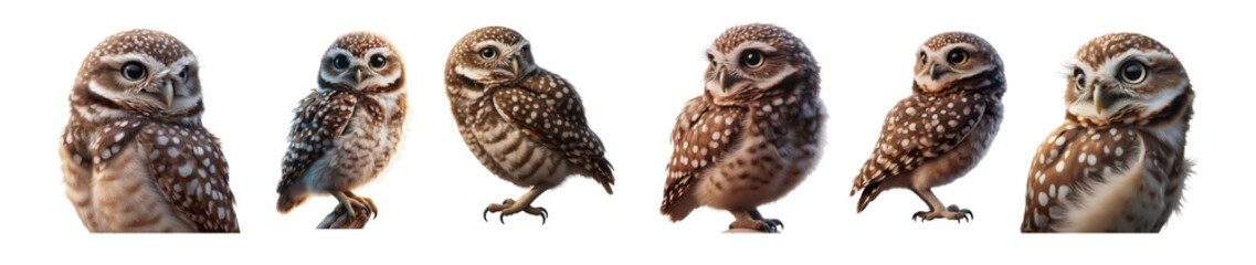 Fototapeta premium Six charming owls with mottled feathers